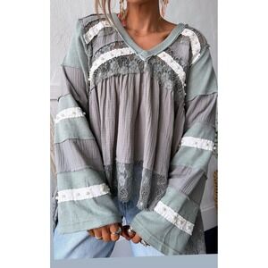 POL Boho Patchwork Lace Pearl Waffle Knit Top Oversized Large NWT Cottagecore